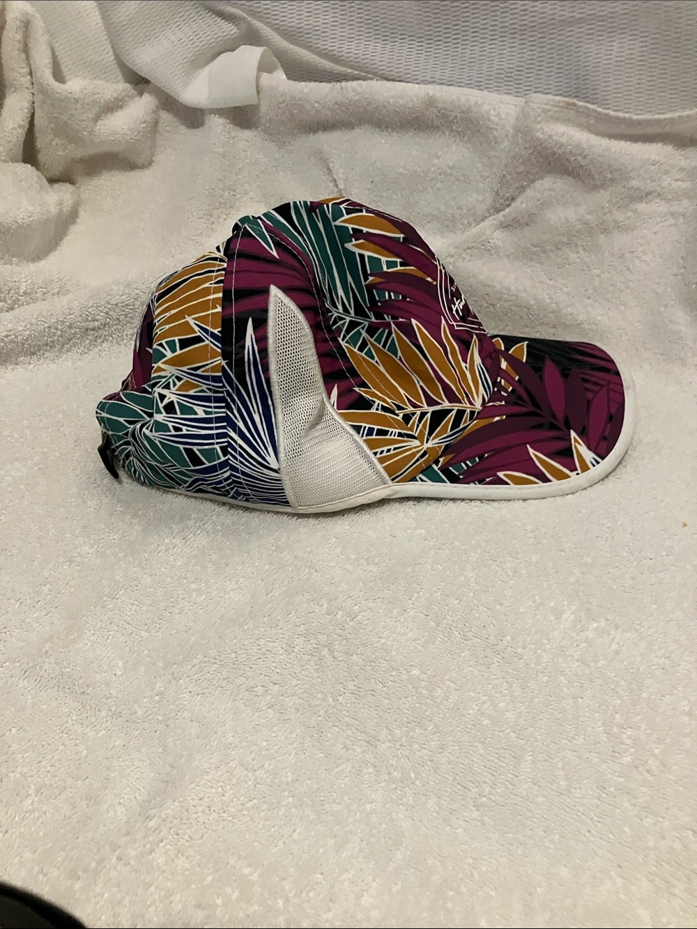 Hurley Leaf-Print Cap in Plum, Mustard and Teal - Picture 8 of 9